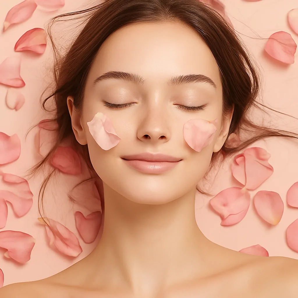 Woman with rose petals resting on her skin